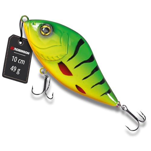 Robinson Angelköder für große Raubfische - Jerkbait Wobbler Spinning und Trolling geeignet DREI Tiefenvarianten Sniper (Hot Perch 100mm - 49g - Sinkend)