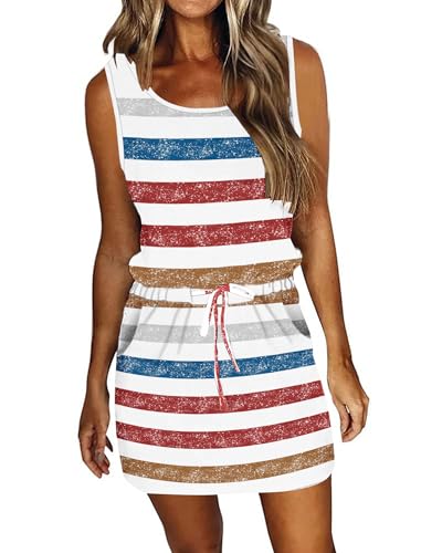 Image of AUSELILY Womens Summer Dress Casual Sleeveless Drawstring Short Dresses | Adjustable drawstring waist for a custom fit, plus 2 side pockets-perfect beach-to-street sundress
