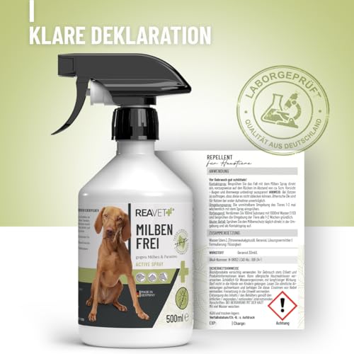 TESTURTEIL SEHR GUT ReaVET Anti Milben-Spray für Hunde, Katzen & Pferde 500ml - Milbenspray mit Soforteffekt gegen Juckreiz & Befall, Antimilbenspray I Milbenschutz zur Abwehr von Milben & Parasiten