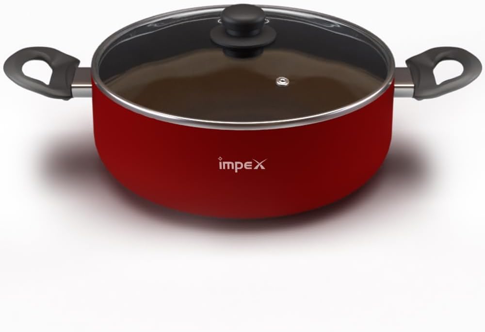 Impex Aluminium Greblon Sauce Pan ISP-2411, 3 Layers Non-Stick Sauce Pan (Red), Bakelite Handle, Tempered Glass with Air Vent