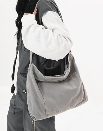 Image of Cotton Tote Handbag Women Canvas Crossbody Beach Bag Hobo Shoulder Tote Bag with 3 External Pocket,Zipper Closure