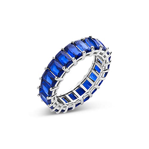 Sterling Forever - .925 Sterling Silver Rainbow Eternity Ring, Emerald-Cut, with Artisan Fashioned Gemstones (Sapphire, 9)