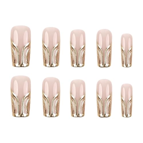 Image of Gold Wave Press on Nails Medium Square Fake Nails 3D Metallic Golden Line Design French False Nail Glossy Full Cover Reusable Nude Nail Press ons for Ladies Manicure 24Pcs