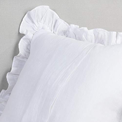 King Linens 100% French Linen Throw Pillow Covers - Set Of 2 - Washed Flax Decorative Ruffled Square Cushion Cover Solid Color Soft Breathable - White, 18'' X 18'' #TOP5