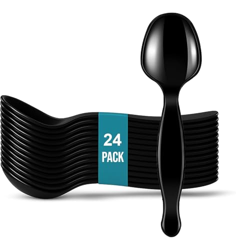 24 Pack Black Plastic Serving Spoons for Buffet 8.5Inch - Large Plastic Serving Utensils for Hot and Cold Food - Reusable Serving Utensils for Parties Holidays and Gatherings