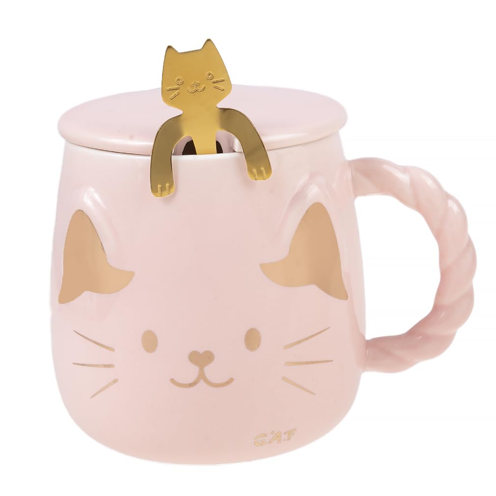 lachineuse Japanese Cat Mug Pink with Lid and Spoon