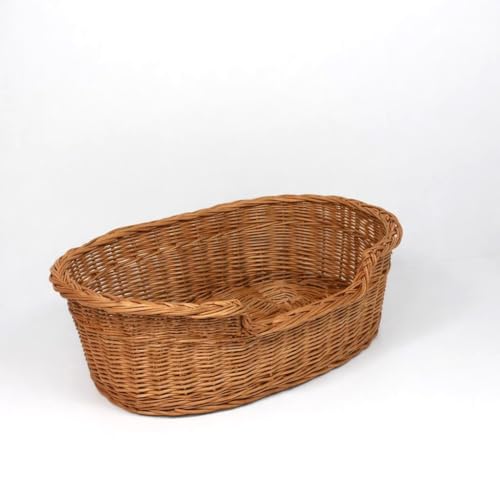Damian-Wiklina Gemütliches handgeflochtenes Weidenkorb-Tierbett für Hunde und Katzen aus Naturweide, Größe 43 × 28 cm, niedriger Einstieg 10 cm und erhöhter Rücken 14 cm