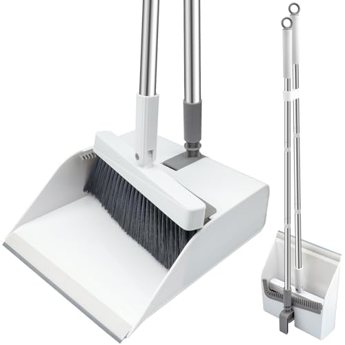 FKKFSS Long Handle Dustpan and Brush Set, Retractable Flat Angled Sweeping Brush, Dustpan with Skew Comb Teeth for Indoor Outdoor Gardens Living Rooms Kitchens Offices Halls (White)