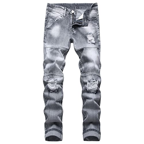 Men's Skinny Distressed Ripped Jeans Classic Destroyed Slim Fit Denim Pencil Pants Washed Straight Leg Biker Jean