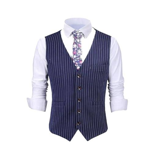 Kiioouu Men's Stripe Suit Vest Single Breasted Button Pinstripes Vest Slim Fit Classic Vest Wedding Grooms Men Vest