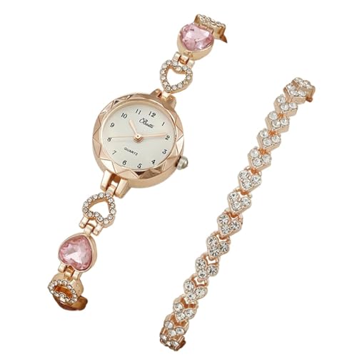 Conjunto Feminino Relógio + Pulseira ¨Afeto¨ – Corações com Zircônias – Estilo Romântico e Delicado – Cor Rosa – Feminino – 20cm – Acompanha Relógio e Pulseira