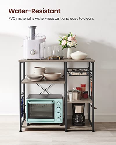 Image of VASAGLE ALINRU Kitchen Baker's Rack, Coffee Bar, Microwave Oven Stand, with Steel Frame, Wire Basket, 6 Hooks, for Mini Oven, Spices Utensils, Industrial, Heather Greige and Ink Black UKKS090B02