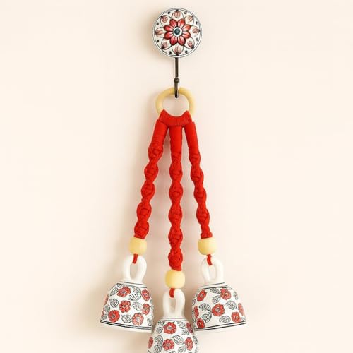 Image of RHD Bring Harmony Home - with The Soothing Chime of Macrame Symphony Ceramic Bells! inch Set of 3 Ceramic Hanging Bells Large Size(5 inches) with Hooks for Wall,Home, Garden Decor