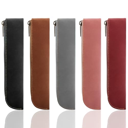 Image of 5 Pcs PU Leather Pencil Pouch, Vintage Aesthetic Pen Case, Portable Zipper Bag Slim Pencil Pouch for Pens, Markers, Makeups, Change, Coins