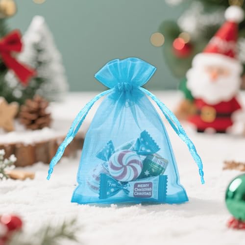 Image of joycraft 50Pcs Lake Blue Organza Bags - 2.7x3.5 In Sheer Drawstring Mesh Pouch, Small Party Favor Organza Pouch for Jewelry, Candy, DIY Craft, Chocolate