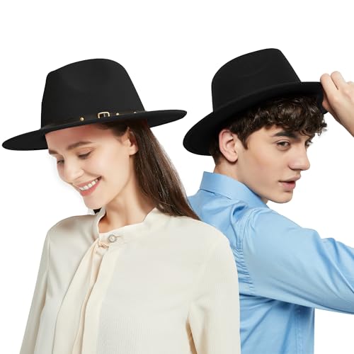 Image of jingsha Fedora Hats for Men & Women Wide Brim Fedora Felt Panama Hat Men's Dress Hats with Belt Buckle