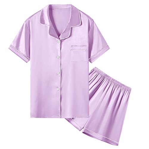 Image of Umeyda Women & Girls Pajamas Set, Soft Satin Lightweight Silk Button-Down Top with Shorts 2 Piece PJS for Mom Boys Kids Gifts