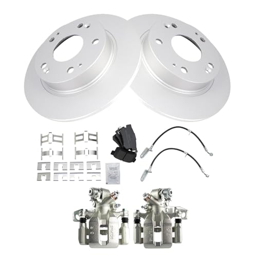 Image of TRQ Rear Brake Pad and Rotor Set Semi Metallic Coated Rotors Calipers Hoses Compatible with 2006-2011 Honda Civic