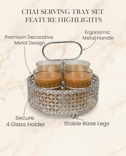 Image of Tea Glass Set with Metal Stand | Set of 4 Cutting Chai Glasses 120ml | Designer Steel Holder Tray for Tea Coffee Serving | Home Kitchen Cafe Use (Silver)
