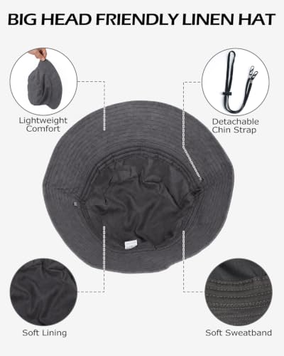 Image of Zylioo XXL Linen Bucket Hat for Big Heads, Summer Travel Sun Hat | Roomy Warm-Weather Fit-Natural woven texture feels airy and gives fuller head shapes an easy, relaxed feel outdoors.