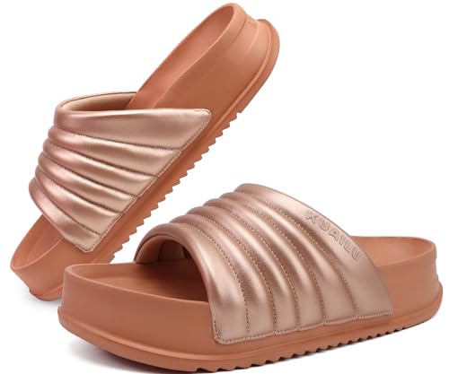 KuaiLu Womens Sandals with Arch Support Orthopedic Comfortable Lightweight Cushion Recovery Slides Summer Fashion Leather Casual Womans Plantar Fasciitis Sandals for Indoor&Outdoor (US Size 6-12)