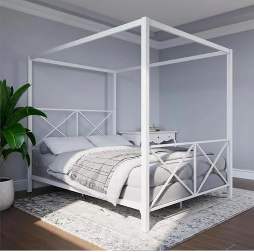 Image of Metal Queen Size Poster Bed Without Storage | Wrought Iron Queen Size Canopy Poster Bed Frame with Headboard & Footboard | Cot Without Storage | Metal Furniture for Home, (Design 3-Ivory)