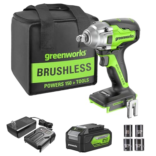 Greenworks 24V Brushless 1/2' Cordless Impact Wrench (3 Speed / 300 ft.-lbs. / LED Light), 4.0Ah Battery and Compact Charger Included