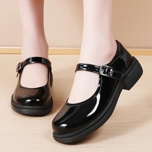 Image of Women Black Mary Jane Flats Non Slip Comfort Office Work Dress School Shoes | OKJ Women's mary janes flat Platform Comfortable maryjane patent leather Dressy Round Toe chunky Cute Shoes
