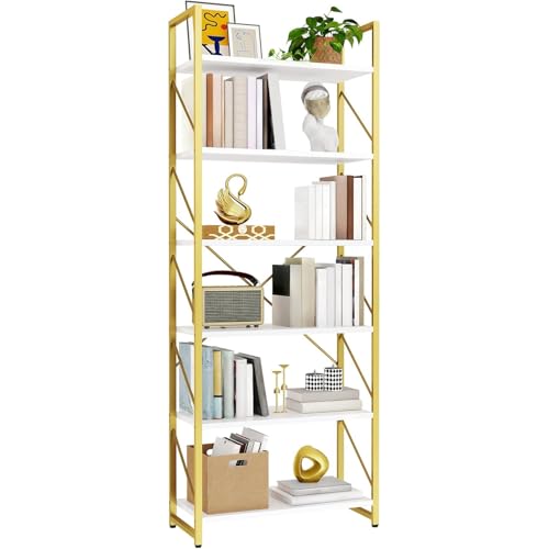 DWVO 6 Tier Bookshelf Tall Bookcase, Modern Gold Book Shelf, Open Display Storage Rack Shelves for Living Room/Bedroom/Home/Office/Kitchen, White & Gold
