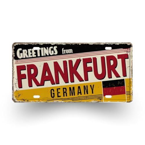 Placa Metálica Decorativa Vintage “Greetings from” Ciudades de Alemania – Placas de Matrícula Retro 30x15 cm – Decoración de Pared para Hogar, Oficina, Bar o Regalo de Viaje (Frankfurt)
