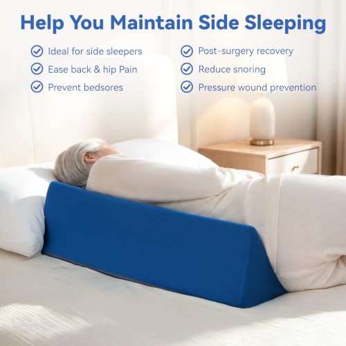 Image of Vekkia Wedge Pillow for Side Sleeping, Positioning Back Support Pillow with Firm Support for Side Sleeper, Bedsore Prevention, Post-Surgery Recovery, Back Pain, Machine Washable Cover, Blue