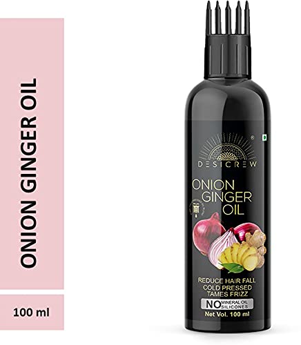 DESICREW Pure Onion Ginger Oil with comb Applicator - Cold Pressed - For Hair Fall Control Re-Growth Formula (100 ml)
