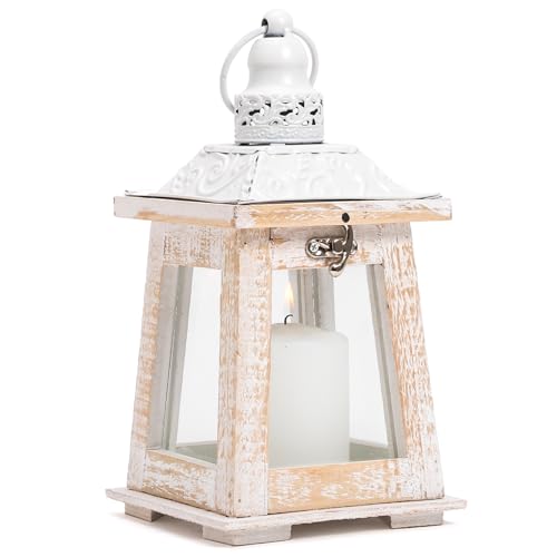 Farol rústico de madera con cristal y parte superior de metal | Decorativa | Estilo Shabby Chic/Farmhouse | Portavelas decorativo para interiores y exteriores | Blanco o madera oscura | Altura 24,5 cm