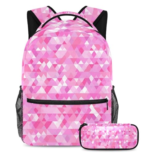Sac à dos voyage triangle rose avec sa trousse pour étudiants