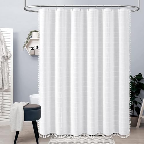Image of BTTN 60x84 Boho Farmhouse Linen Thick Water Repellent Shower Curtain, White | Heavy Duty Fabric, 10 Plastic Hooks, Three-sided Tassels, Bohemian French Country, Machine Washable, Wrinkle Free, Stall Size