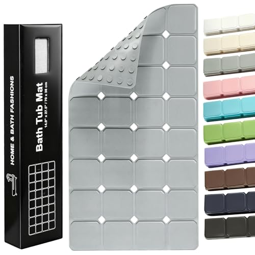 Yanzifly Non-Slip Silicone Bathtub Mat – Foldable, Machine Washable, Durable & Eco-Friendly Bath & Shower Mat with Strong Suction Cups, Large Drain Holes, Ideal for Family Use, 14.9 x 27.5in, Grey