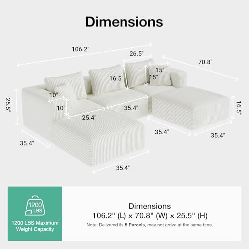 Image of Novilla 106 inch Modular Sectional Sofa, U Shape Cozy Sectional Couch, Modern Cloud Design with Smarts Coil Support, Boneless Sectional Couch for Living Room Apartment, No Assembly Required, Beige
