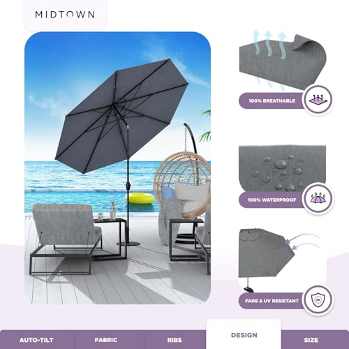 Image of Midtown Umbrellas - 10-Year-No-Fade 10 Ft Patio Umbrella with Terylast Fabric, Auto-Tilt Aluminum Frame and 8 Reinforced Ribs for Deck, Pool, Garden & Beach - Heather Grey Canopy, Black Pole