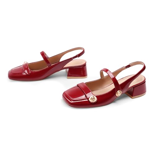 Image of Slingback Mary Jane Heels for Women Low Block Heel Closed Square Toe Pump Shoes Heels Classic Daily Office Dressy Shoes
