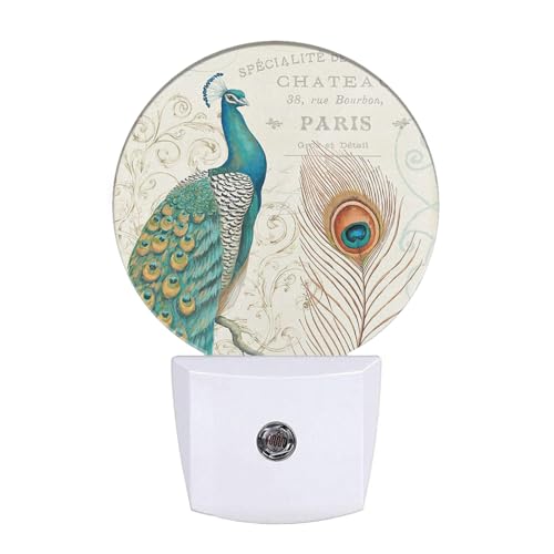 Image of EKOBLA Peacock Night Light, Peacock Feather Retro Night Lights Plug Into Wall with Auto Sensor, 0.5W Sleep Friendly for All Ages