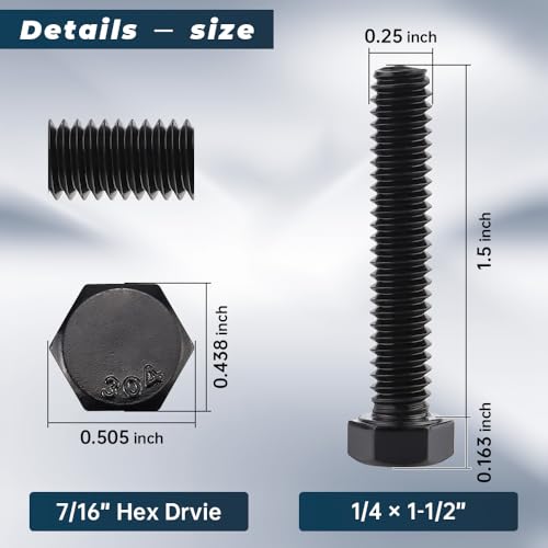 Image of Glvaner 1 /4-20 x 1-1 /2 inch Stainless Steel Hex Head Screws Bolts, Black Coated, 304 Stainless Steel 18-8, Hexagon Head Bolts, Full Thread, 20 pcs