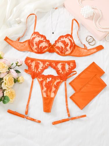 Image of Lilosy Sexy Leaf Floral Embroidered Mesh Sheer Women Underwire Push Up Lingerie Set
