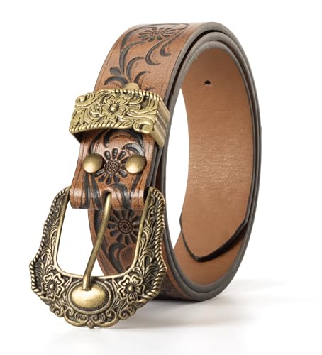 Women Vintage Floral-Carved-Leather-Belt Western-Country Cowgirl Belt with Metal Pin Buckle for Jeans Pants 28-38