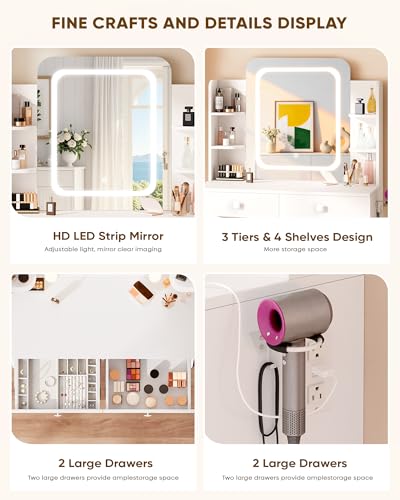 Image of LIVELYGLOW Small Makeup Vanity Desk with Smart LED Mirror & Power Outlet, 29.5 inch White Vanity Table with Hairdryer Rack, 5 Storage Shelves & 2 Drawers, Compact Dressing Table for Small Spaces