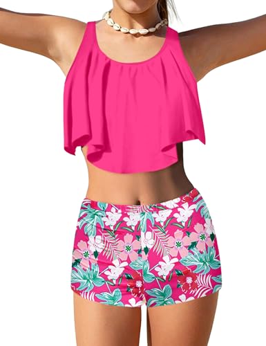 Image of NECIOUS Girls Swimsuit 2 Piece Kids Girl Bathing Suit Szie 7-8 Ruffle Girls' Swimwear Floral Print Shorts Cute Bikini Set Pink