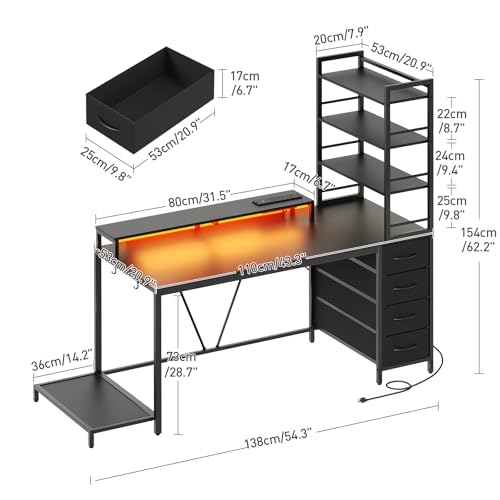 Image of RALGEND Computer Desk with Shelves and Drawers, 43.3 Inch Gaming Desk with Charging Station and LED Lights, Desk Workstation with Monitor Stand and Storage for Home Office, Black