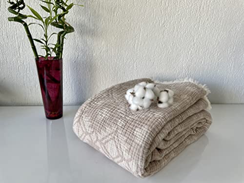 100% Cotton Muslin Blanket, Aztec Desigen 4 Layers Bedspread, Soft Turkish Cotton Muslin Bed Cover, Reversible Coverlet, (Beige) #TOP2