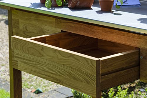 dobar® 29140FSCe XXL Premium Pflanztisch aus robustem Eichenholz | Gärtnertisch mit verzinkter Arbeitsfläche und Ablage | Wetterfester Outdoor Umtopftisch | 117 x 62 x 124 cm | Natur