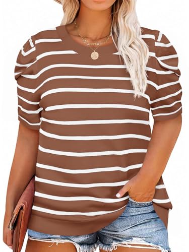Image of Beautife Womens Plus Size Short Puff Sleeve Sweater Tops Lightweight Striped T Shirts Summer Casual Crew Neck Knit Pullover Khaki