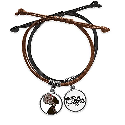 Bracelet noir africain en cuir de qualité et cordon tressé main pour femme